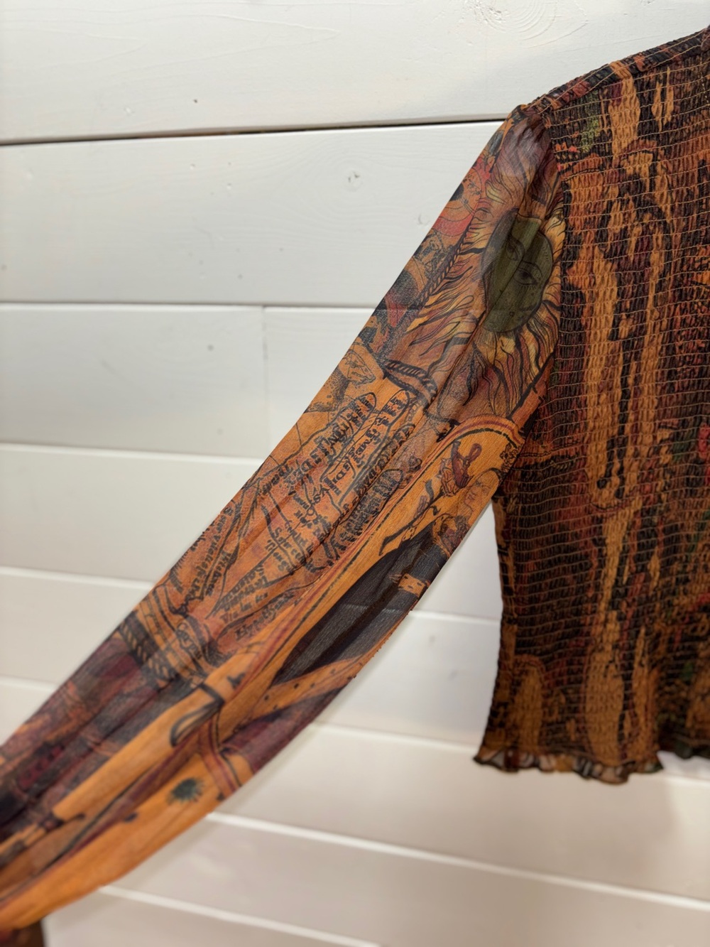 DESIGUAL Brown Printed Smocked Mesh Top Size XL - Picture 3 of 10